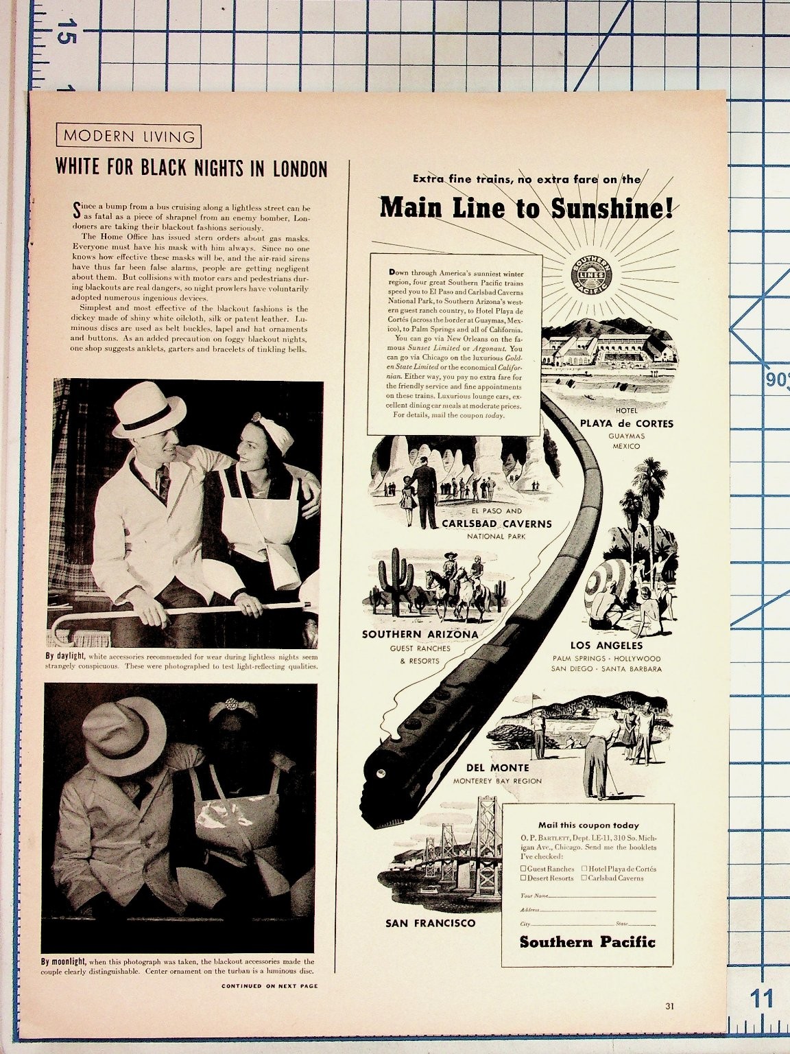 1930s Southern Pacific Train Ad Blackout Fashion Tender Leaf Tea Magazine Page