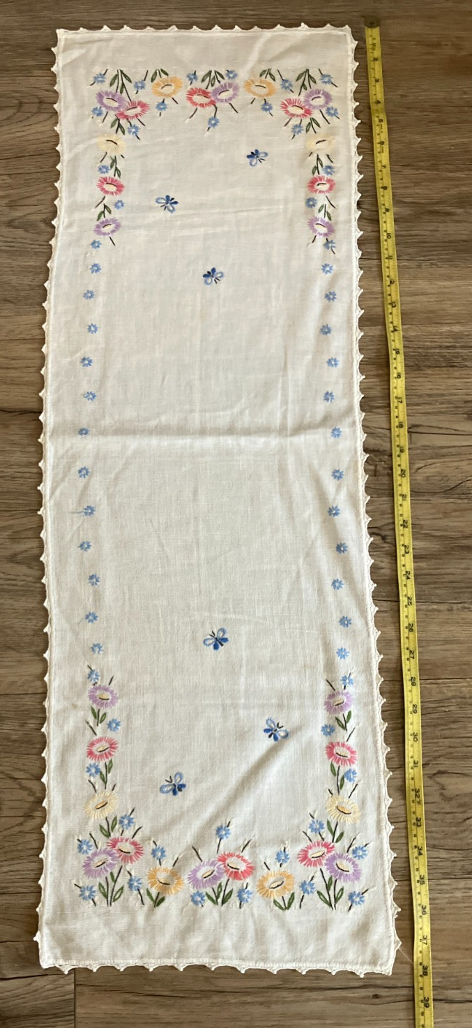 Vintage  Hand Embroidered Linen Table Runner Floral Cross Stitch  38\