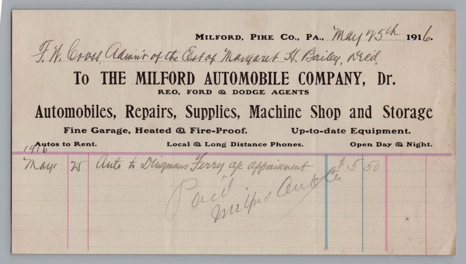 1916 Billhead Milford Automobile Company, Machine Shop, Repair, Pike County, PA.