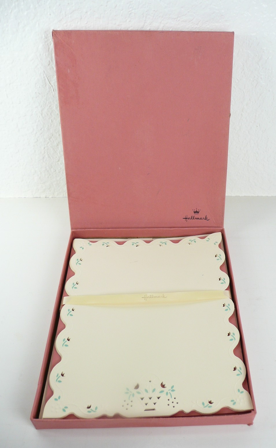 Vintage Hallmark Stationery Set Floral Cut Out Border Design w/ Envelopes Ivory