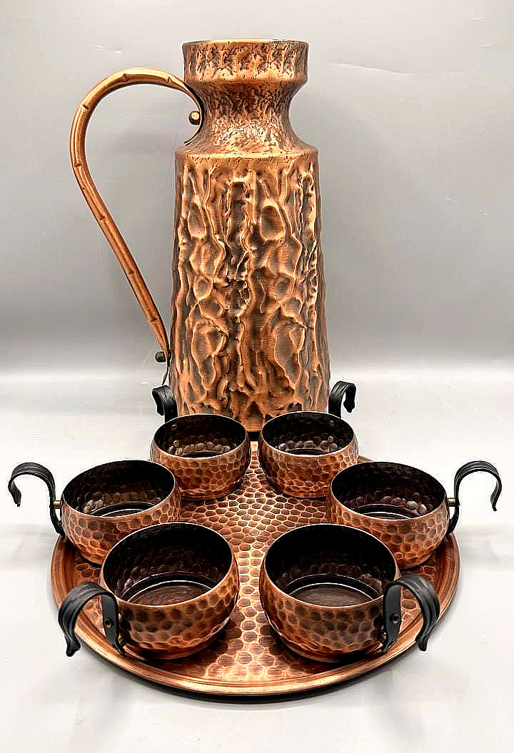 Hammered Copper Beverage Set Pitcher 6 Cups Tray Handcrafted Vintage Drinkware Hammered Copper Beverage Set Pitcher 6 Cups Tray Handcrafted Vintage Drinkware