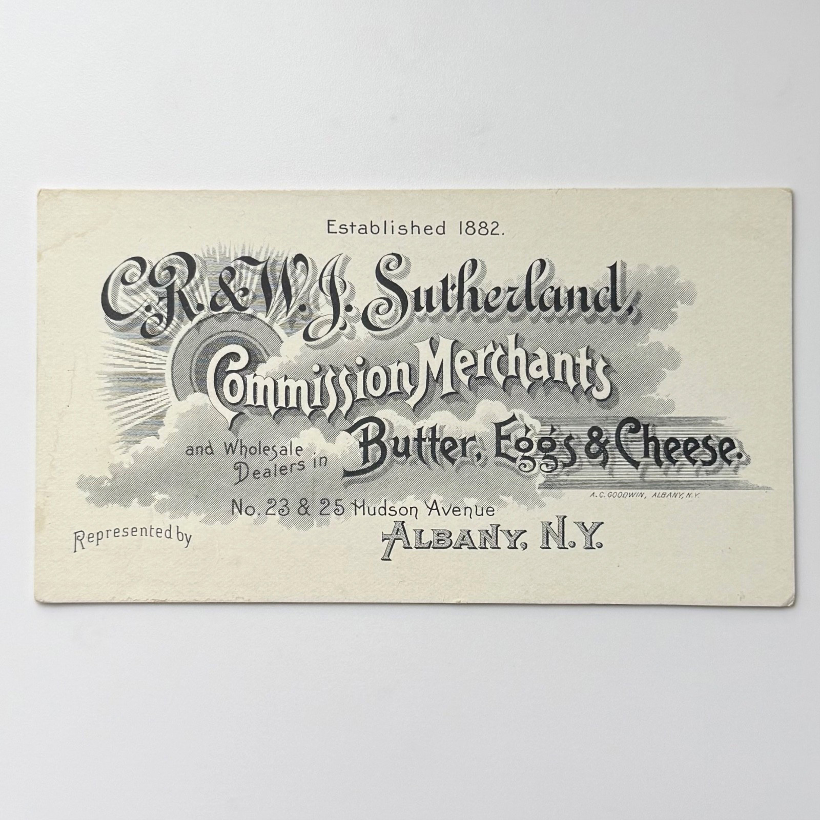 Antique CR & WJ Sutherland Albany NY Commission Merchant Business Trade Card