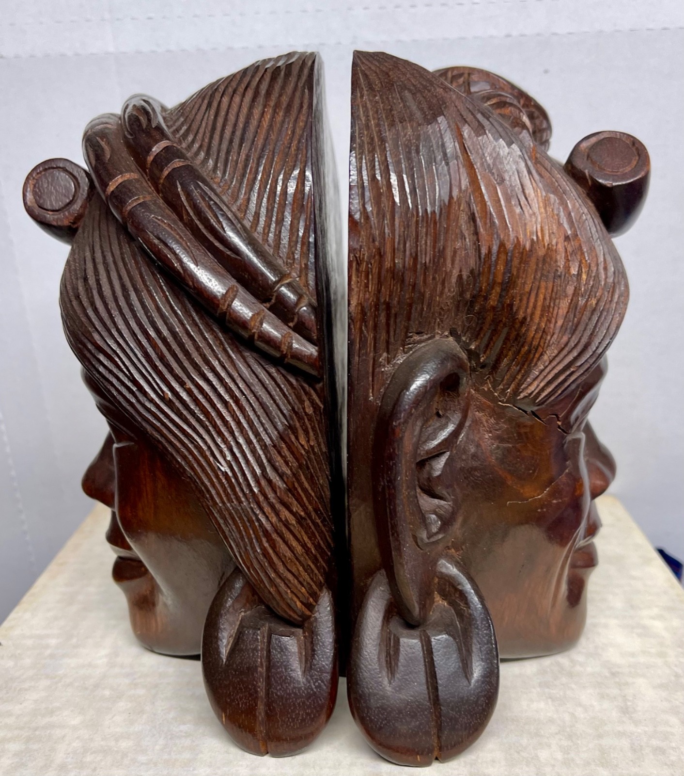 Pair Wood African Tribal Man Head Bust Sculpture/Bookends 8-1/2\