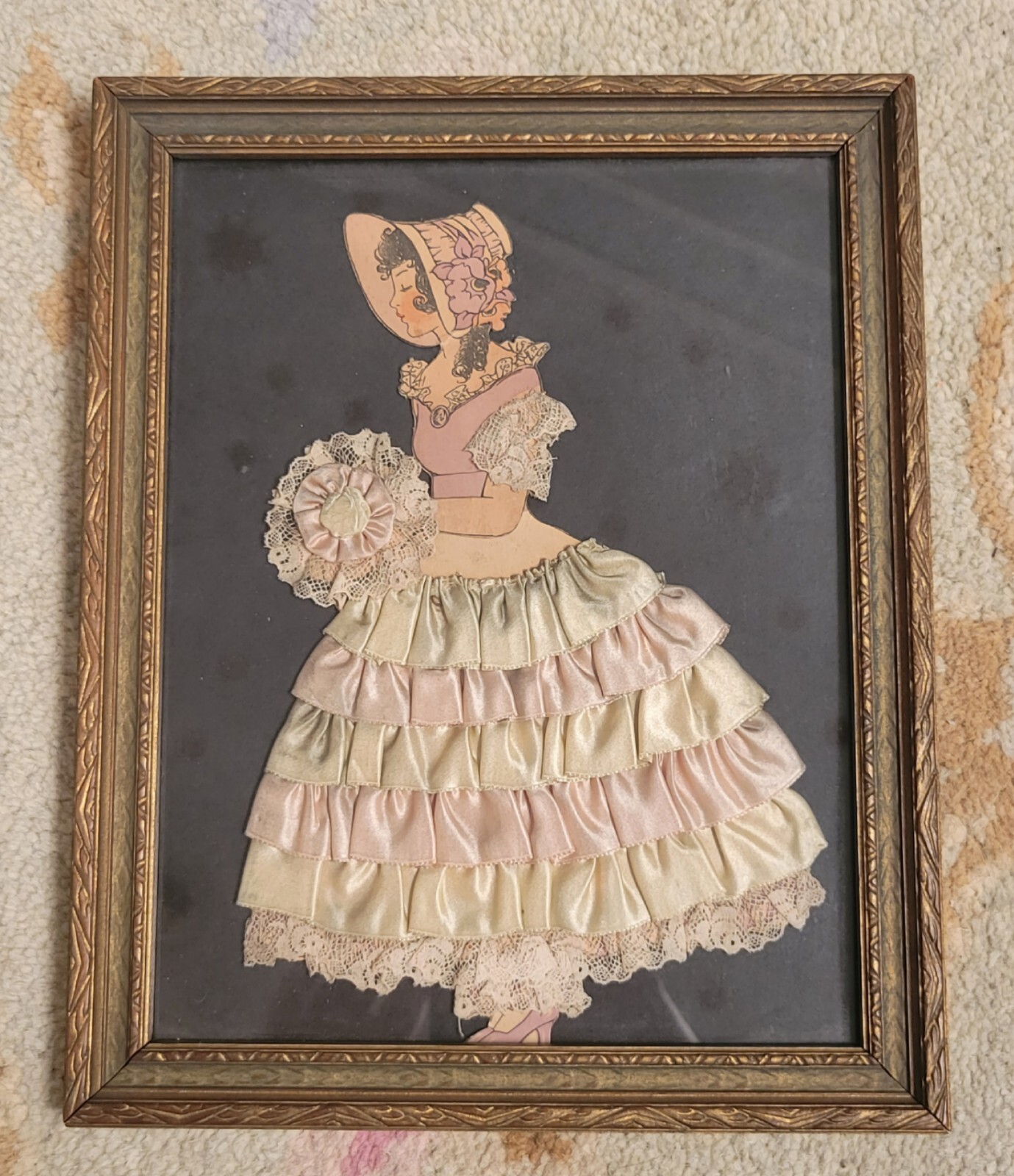 VTG Antique Paper Doll Framed Lady Ribbon Lace Wood Frame Flapper 1920s 1930s