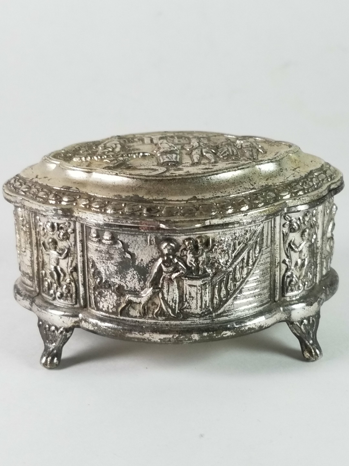 Victorian Party Scene Jewelry Trinket Box Storage Silverplate Footed Victorian Party Scene Jewelry Trinket Box Storage Silverplate Footed