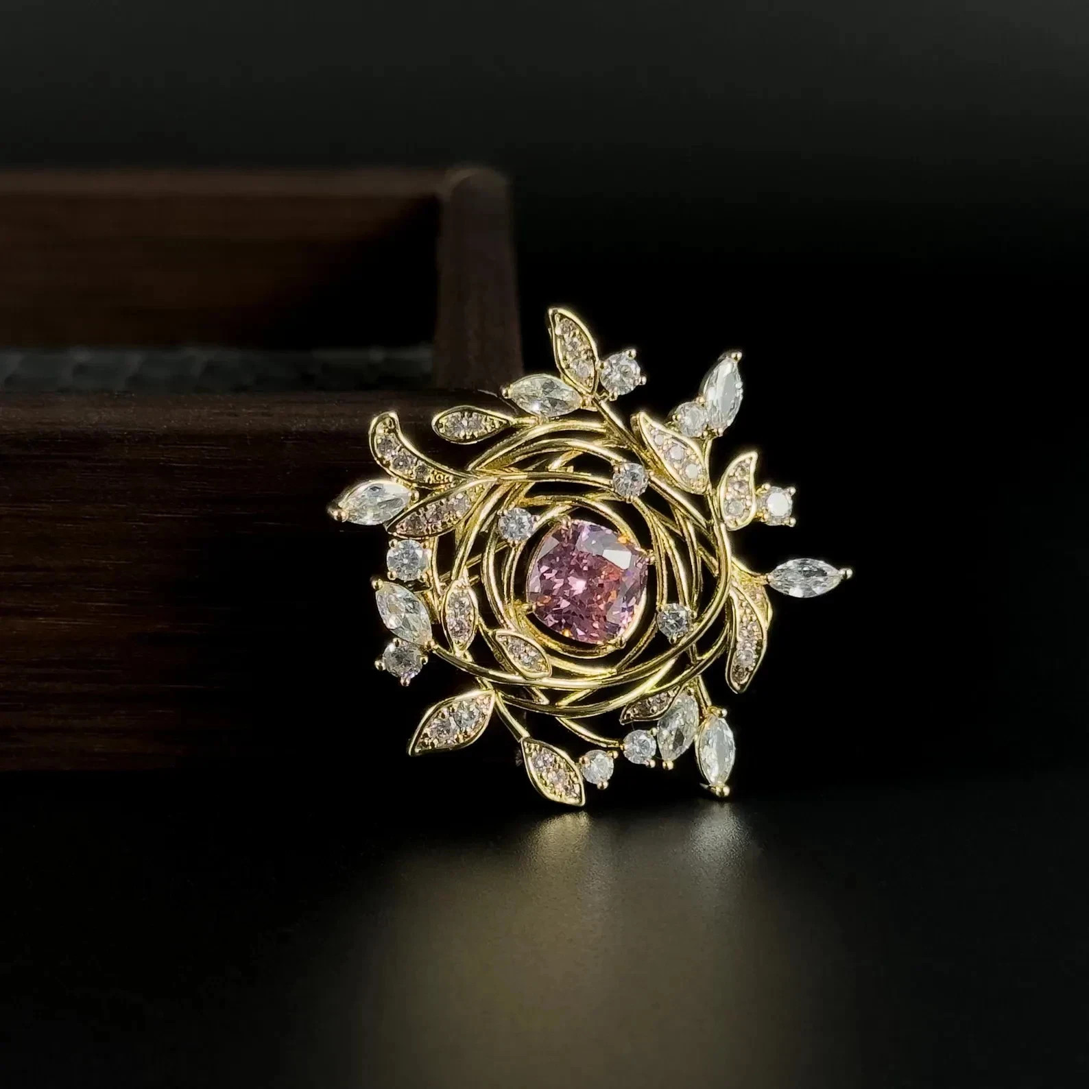 Art Deco Pink Sapphire with Diamond Cluster Brooch Pin in 14K Yellow Gold Plated
