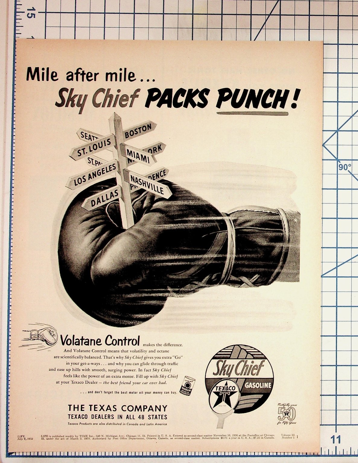 Vintage 1952 Texaco Sky Chief Gasoline Ad Life Magazine Boxing Glove Punch