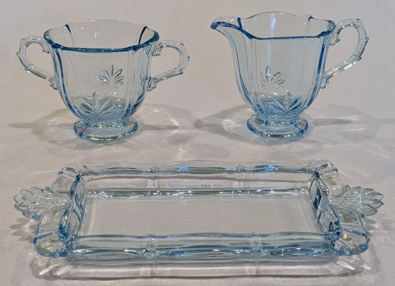 Fostoria Baroque Azure Blue Creamer & Sugar Dishes with Original Tray