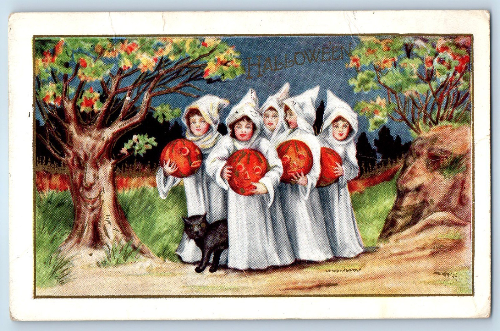c1910s Halloween Children Costume White Robes Jack O Lanterns Black Cat Postcard