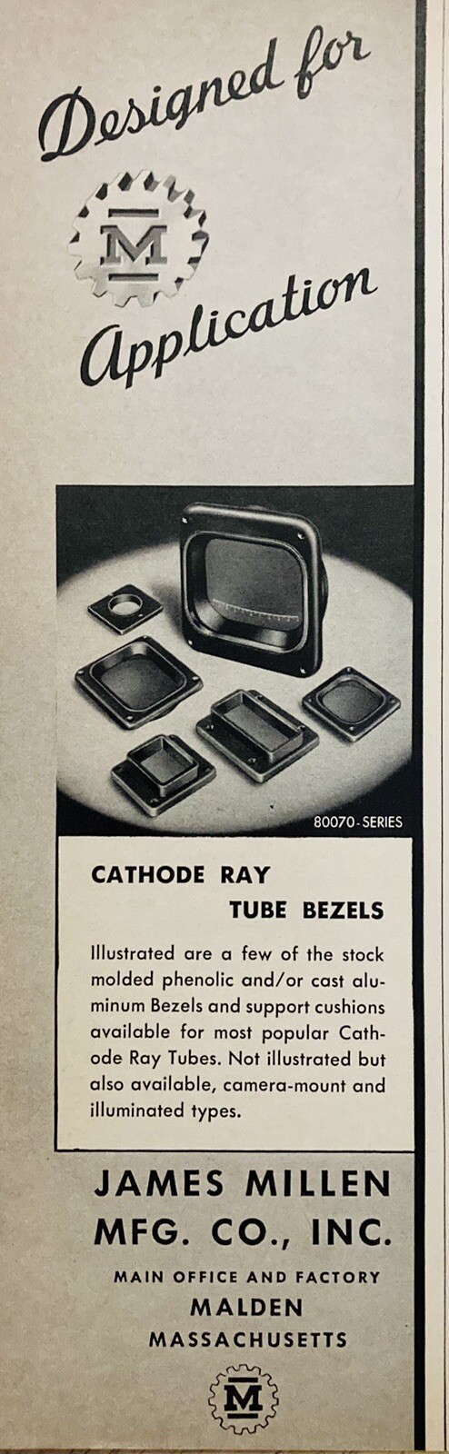 1968 AD.(N14)~JAMES MILLEN MFG. CO. MALDEN, MASS. CATHODE RAY TUBE BEZELS