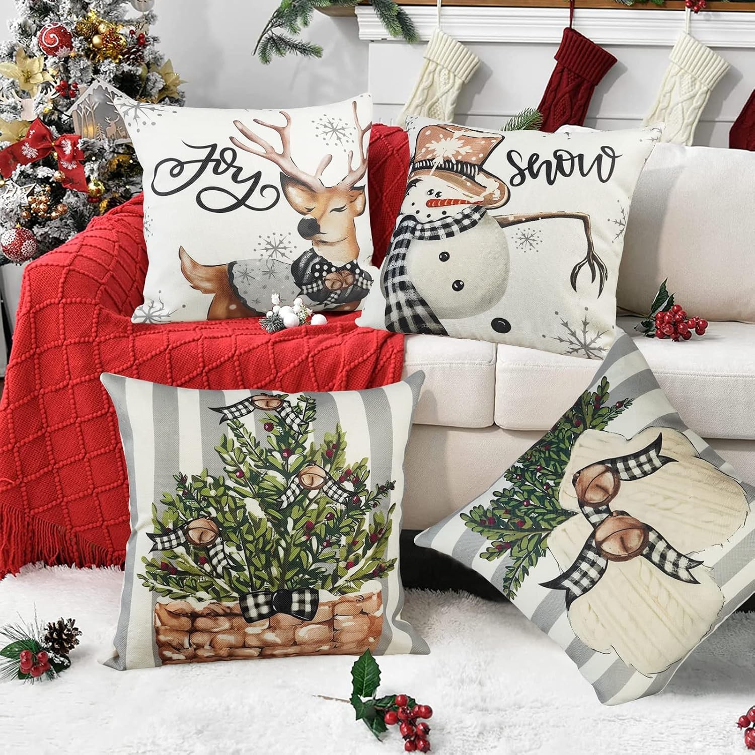 Christmas Stripes Pillow Covers 18X18 Set of 4 Snowman Reindeer Gloves Throw Pil