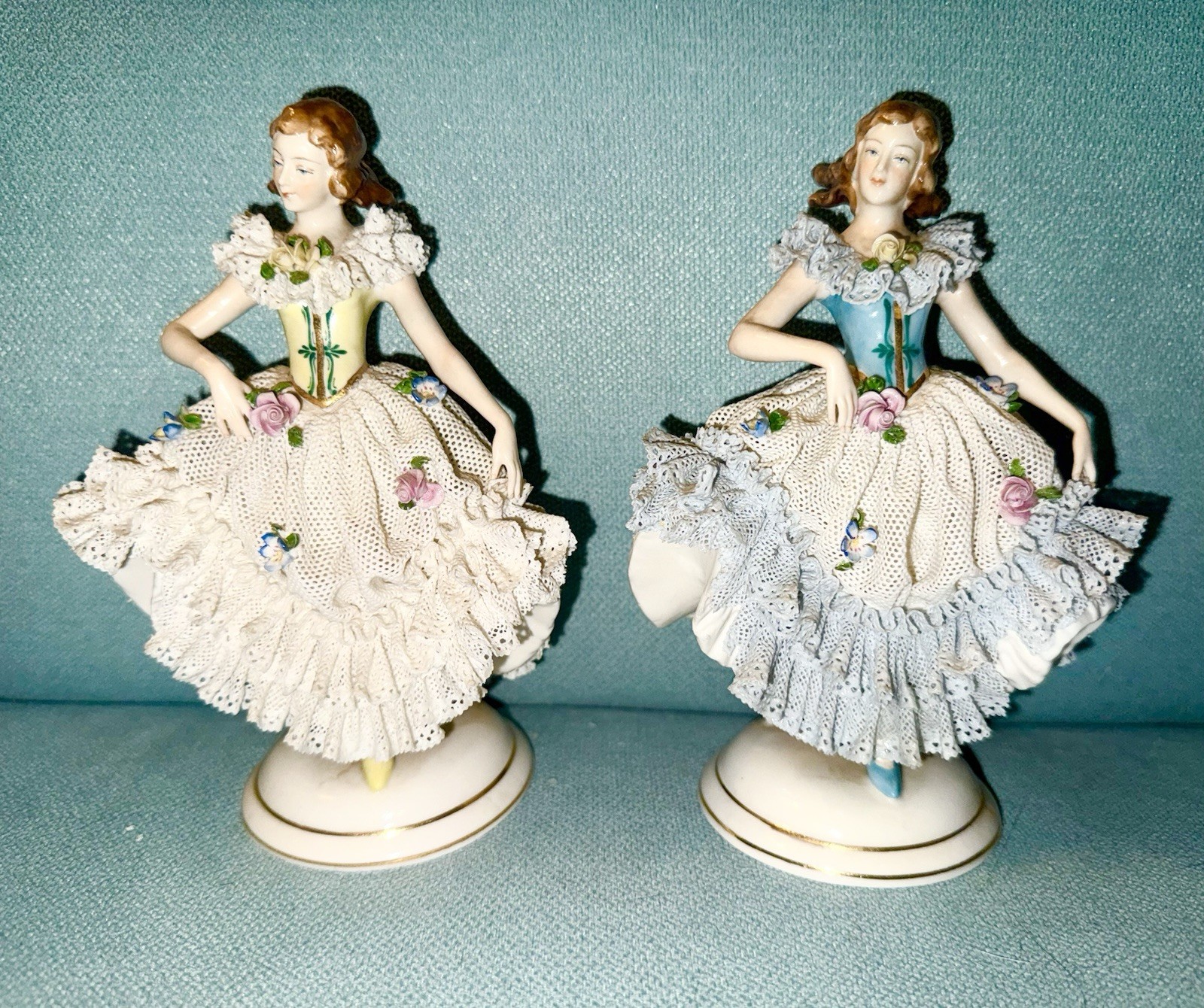 Pair of Dresden Art Ballerinas - Blue & Yellow DAMAGED Lace Dresses - MZ Germany Pair of Dresden Art Ballerinas - Blue & Yellow DAMAGED Lace Dresses - MZ Germany