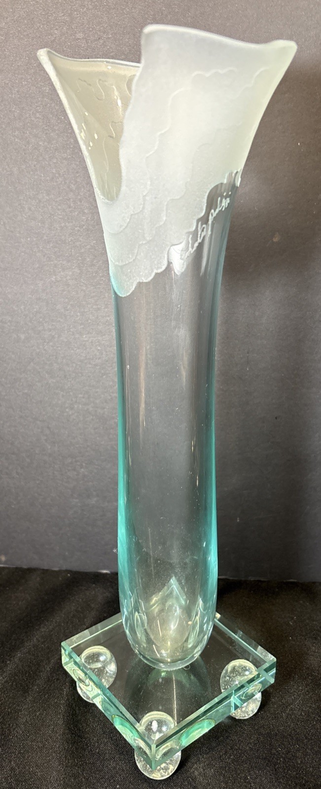 Gorgeous VTG Salvatore Polizzi Signed AquaGlass Vase Frosted Ruffled Top 13.5”
