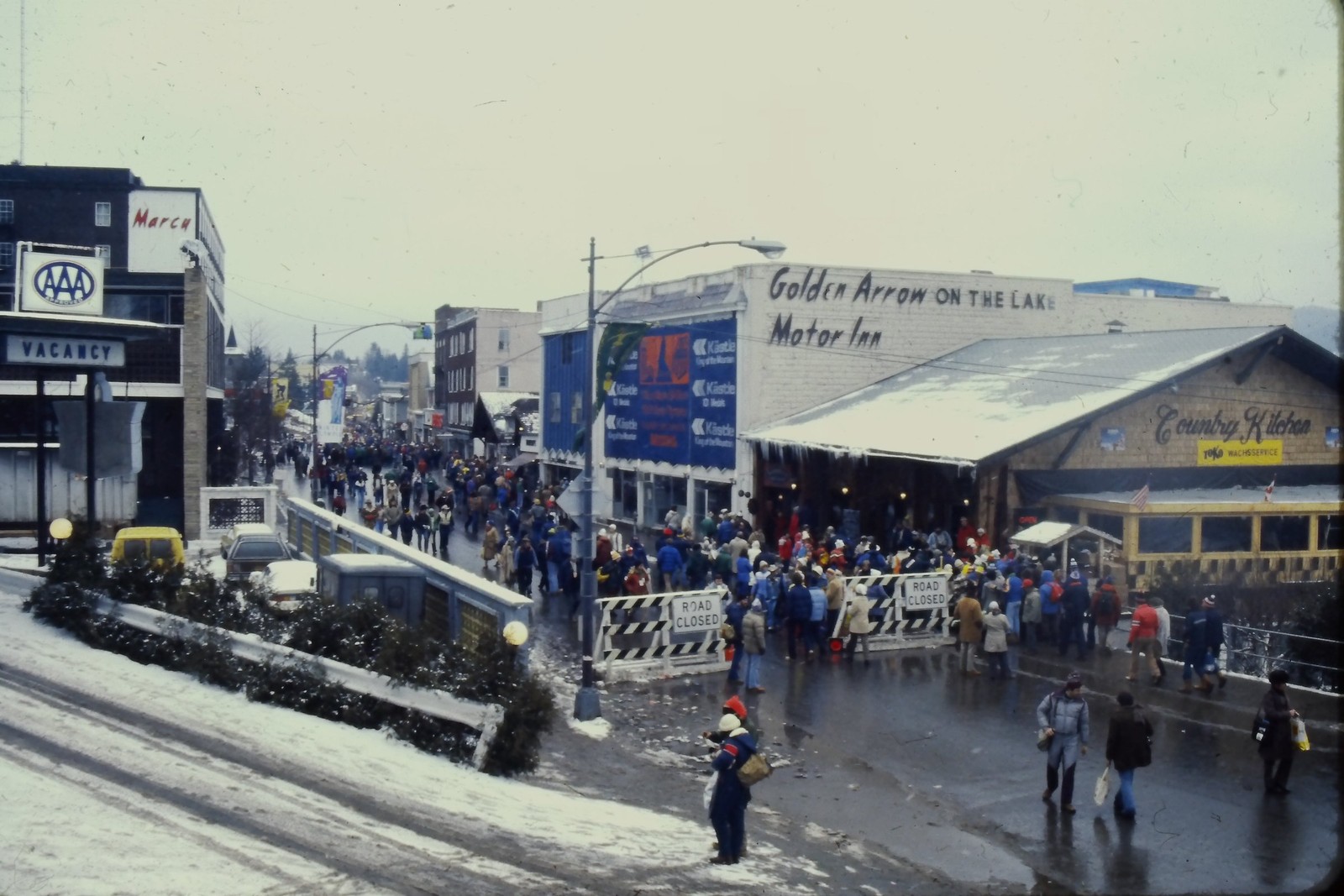 1980 35mm Slide Lake Placid Winter Olympics Golden Arrow Motor Inn Sign Crowd
