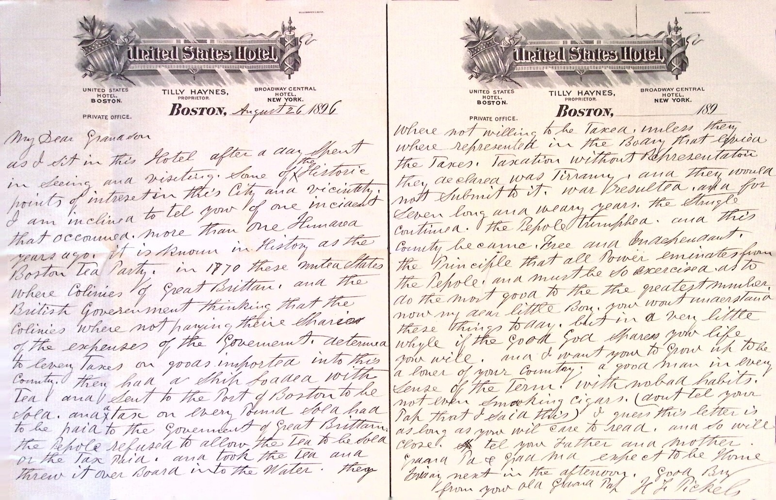 1896 Letter United States Hotel Boston Tea Party History Grandfather to Grandson 1896 Letter United States Hotel Boston Tea Party History Grandfather to Grandson