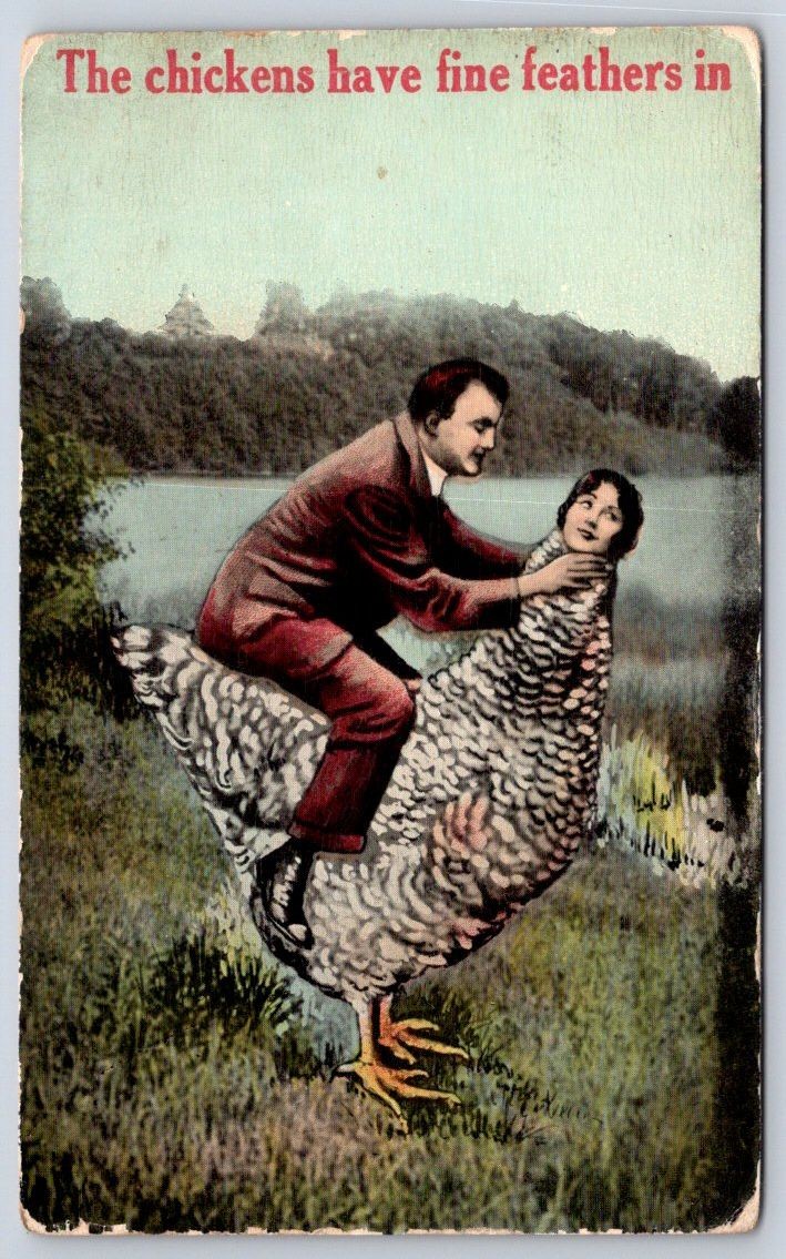 Antique Surreal Fantasy Man Riding Giant Chicken Fine Feathers 1910