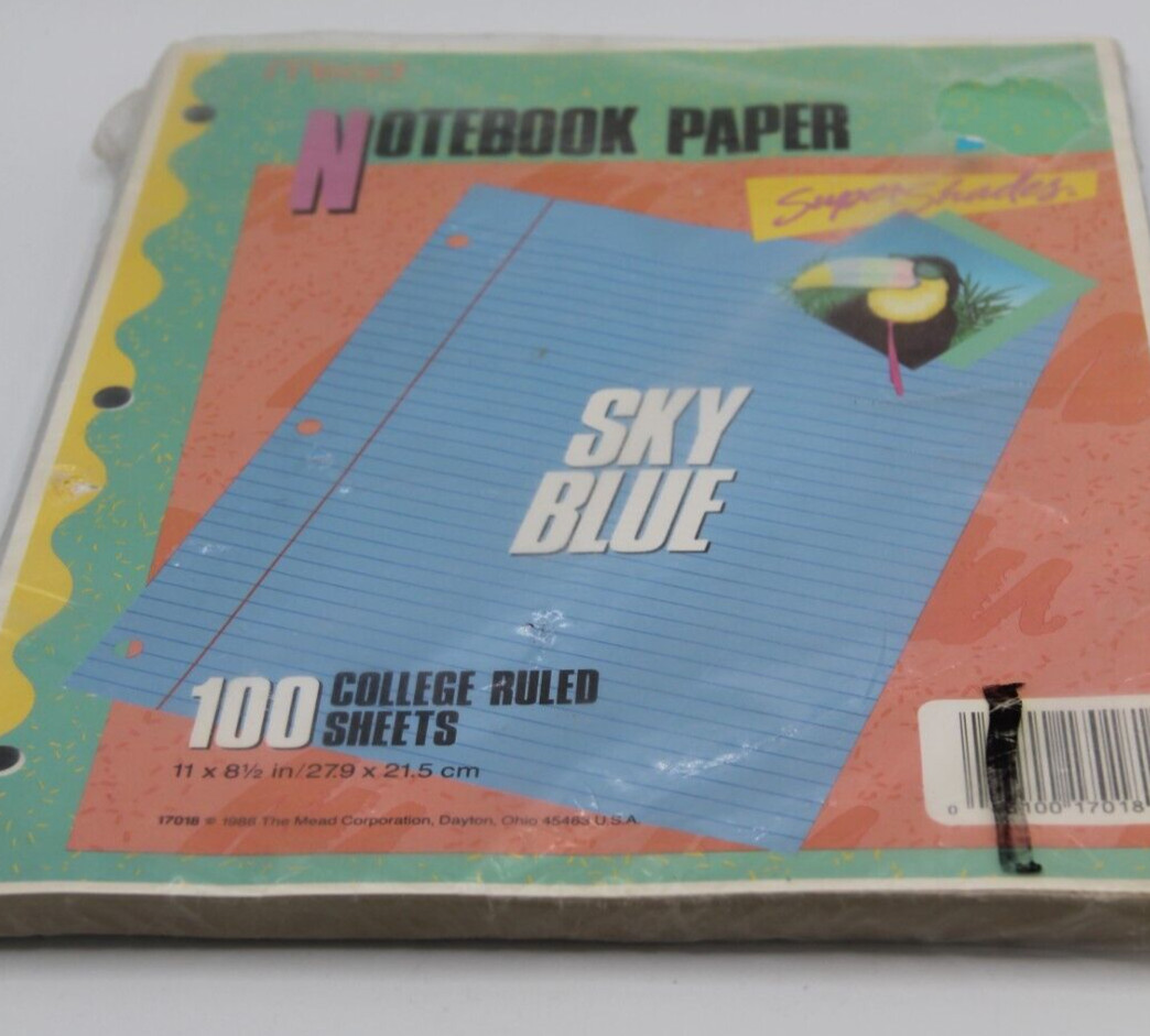 Vtg 1988 Mead Super Shades Sky Blue College Ruled Notebook Paper 100 Sheets New