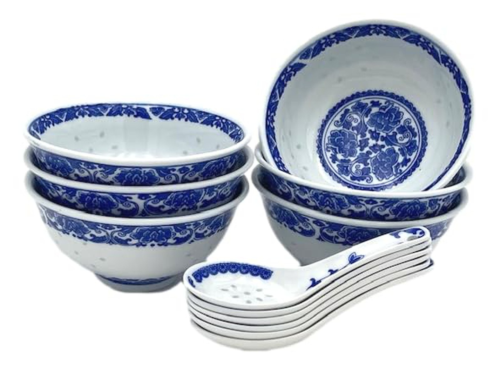 Festcool 6 Pcs Fine Porcelain Blue and White Rice Pattern Bowls, Cereal, Rice...