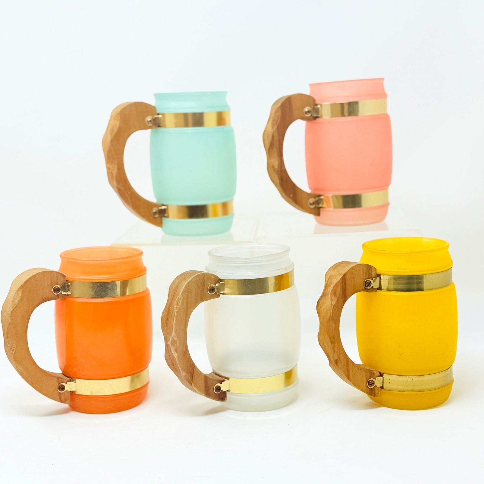 Set of 5 Retro Siesta Ware Barrel Mugs Drinking Glass with Wood Handles MCM