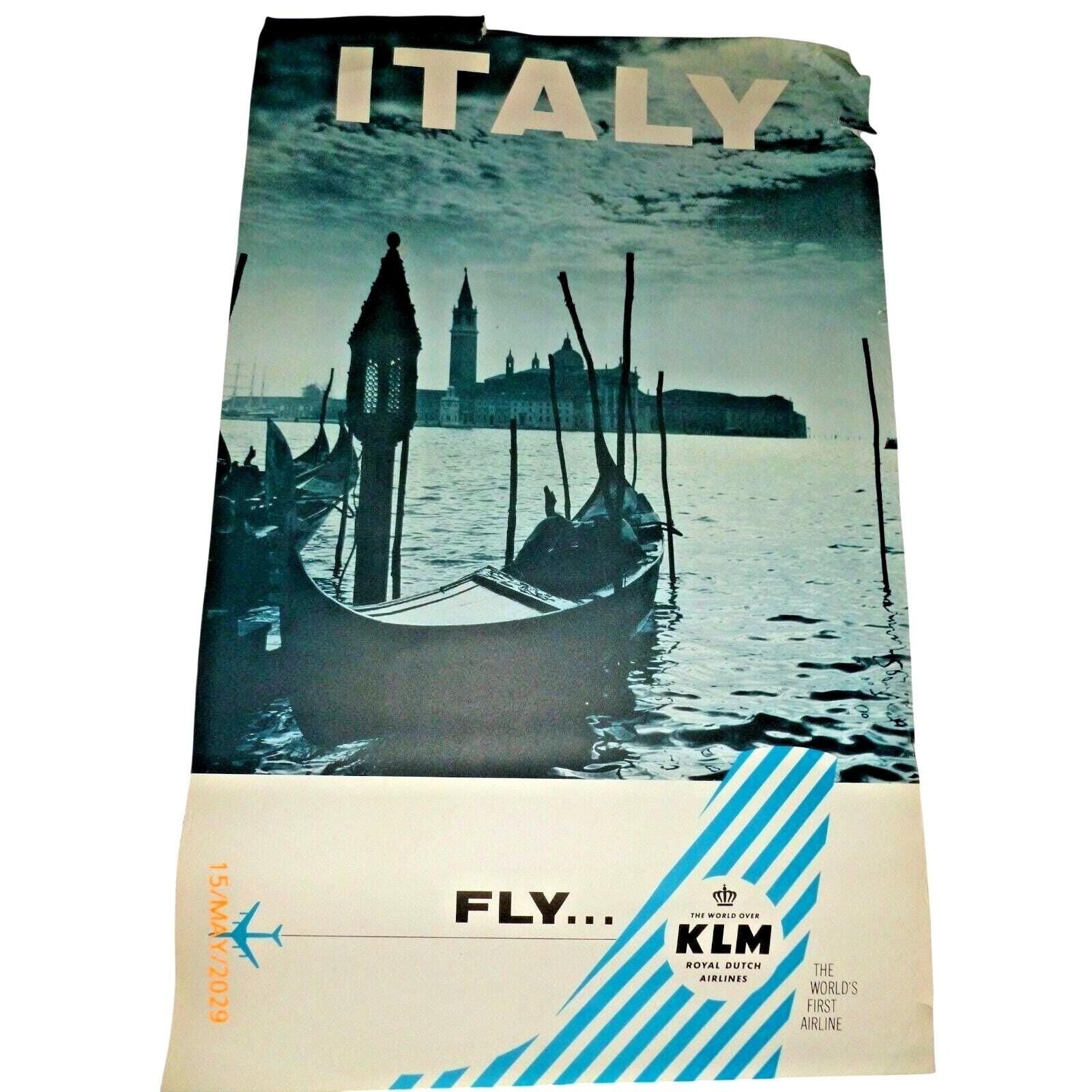 Vintage KLM Royal Dutch Airlines Italy Venice Gondola Travel Poster 25x40 1960