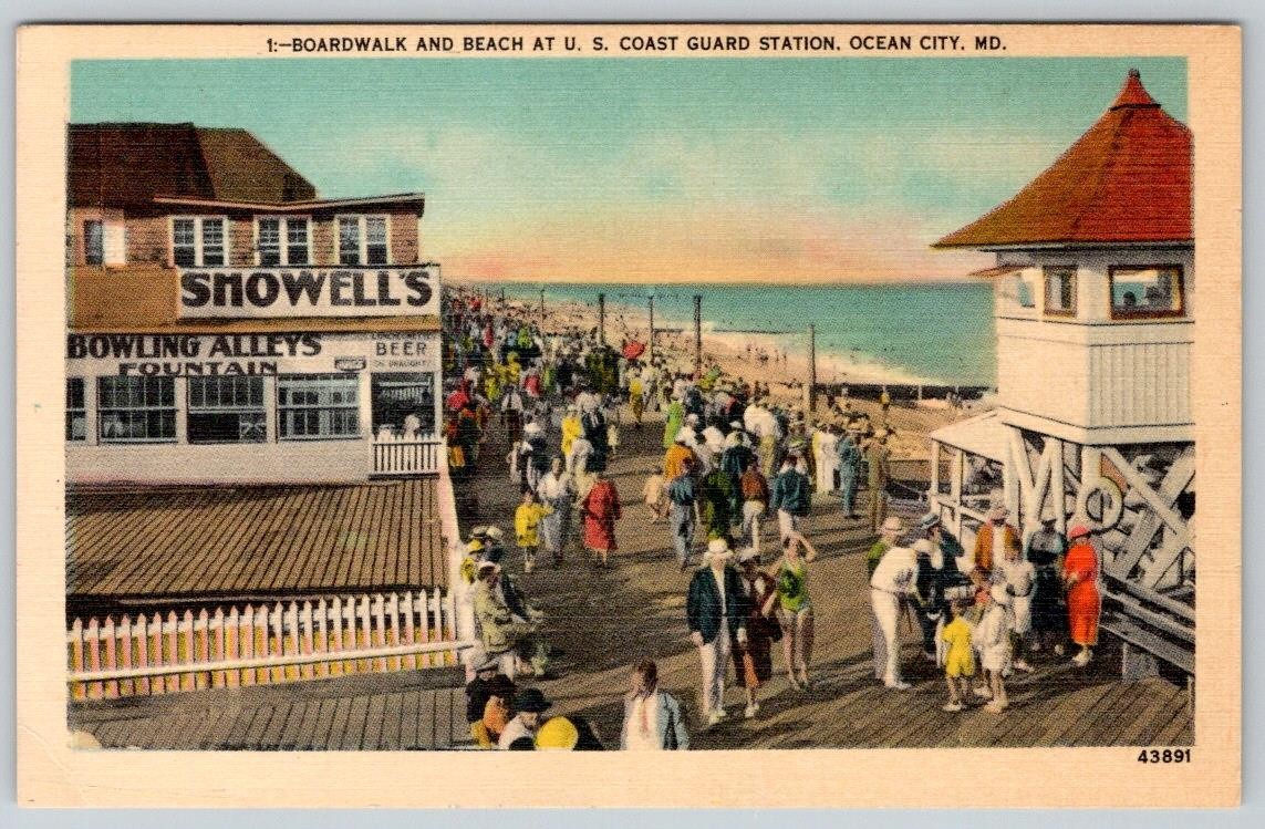 1930-40\'s COAST GUARD STATION SHOWELL\'S BOWLING ALLEYS OCEAN CITY MD POSTCARD