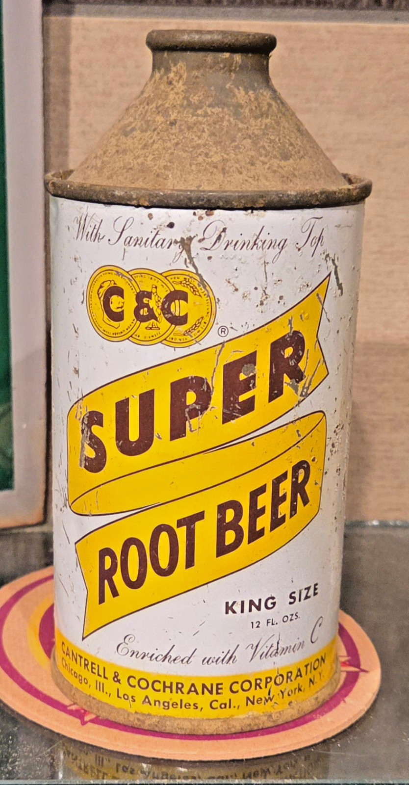 1950S C&C SUPER ROOT BEER CONE TOP SODA CAN CANTRELL & COCHRANE 3 CITY CHICAGO