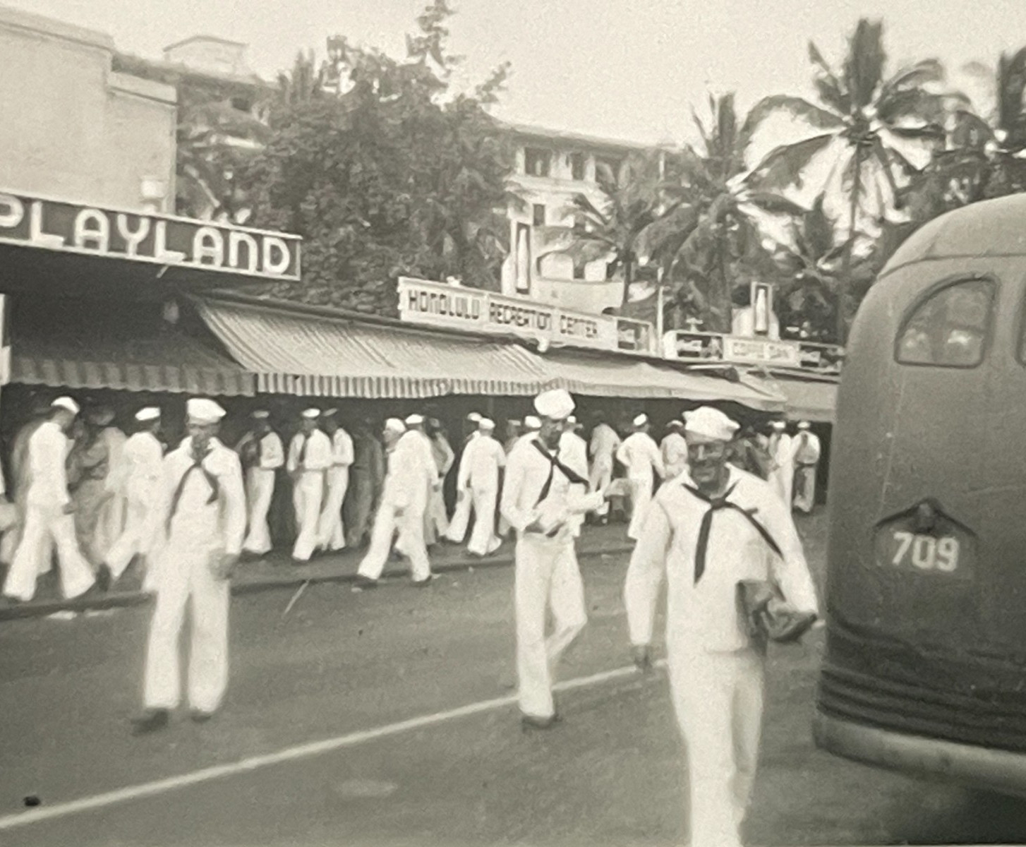 1940s Original Snapshot Photo Playland Arcade WWII Navy Sailors in Honolulu HI