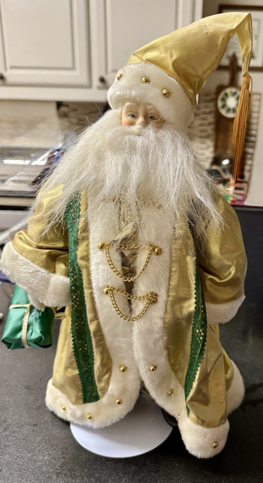 Vintage 15” Santa Claus Figure Porcelain Face Hands Gold Green Taiwan