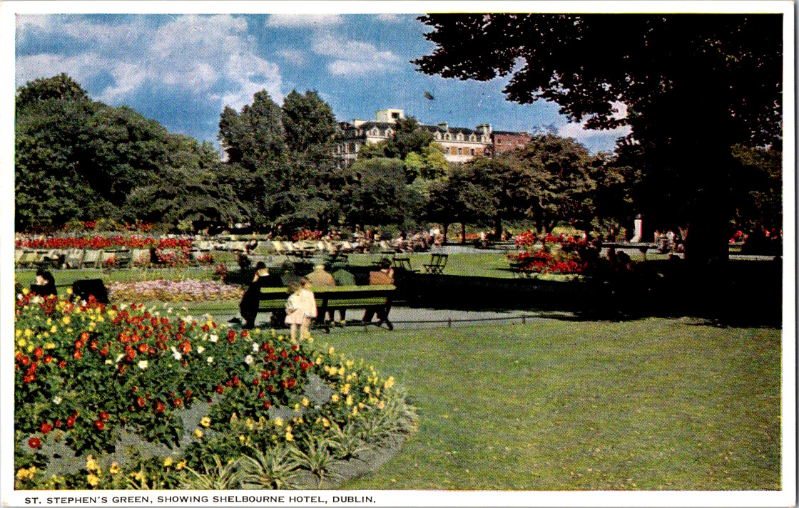 Vintage Postcard Dublin Ireland St Stephen\'s Green Colorful Flowers Hotel