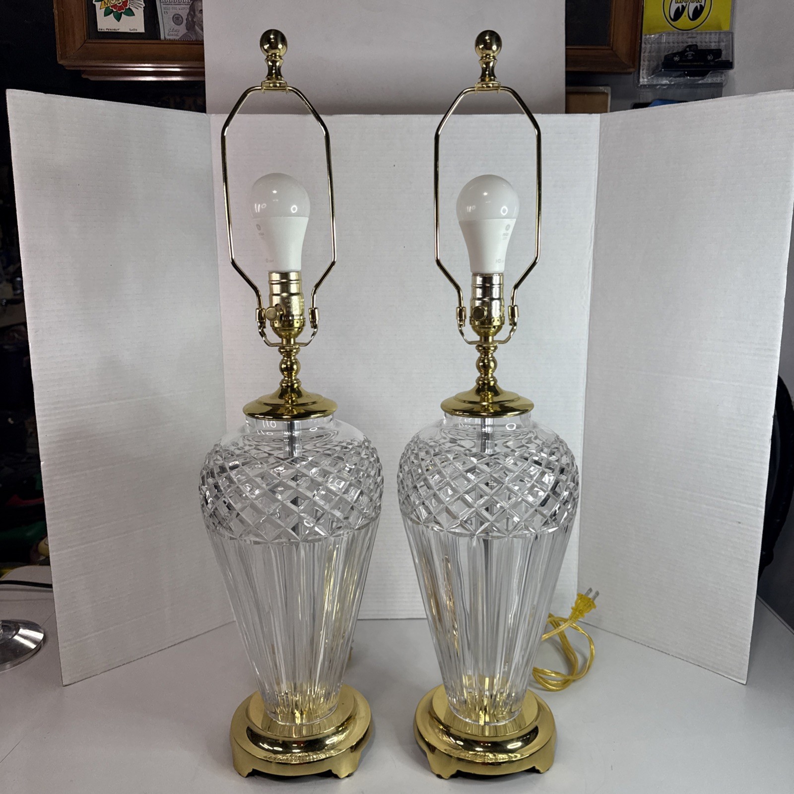 Pair Of Waterford Crystal & Brass Hollywood Regency Table Lamps 28” Inches Tall