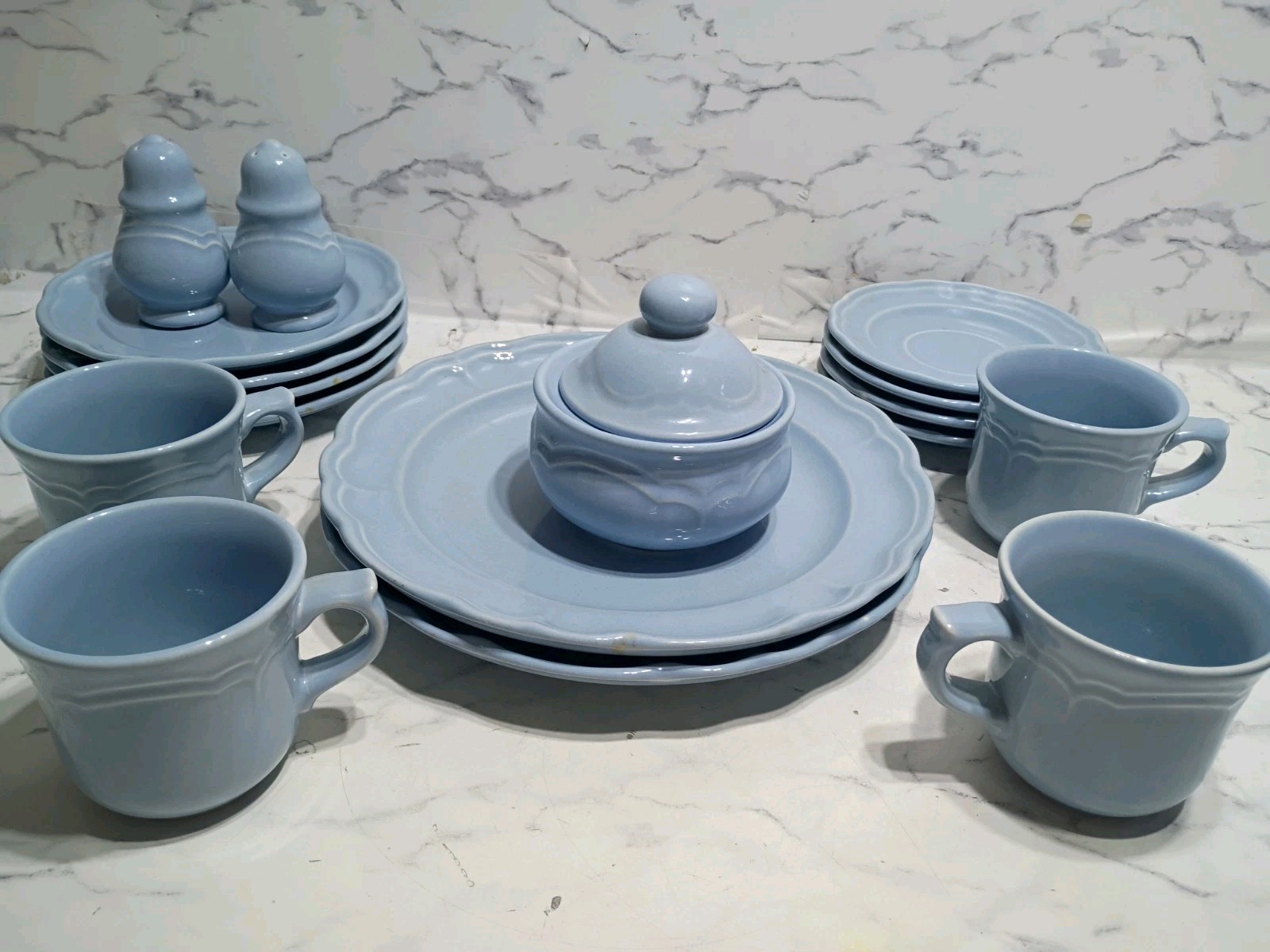 Pfaltzgraff Solid Powder Blue Stoneware 17-Pc Lot Mugs, Plates, S&P, Sugar Bowl 