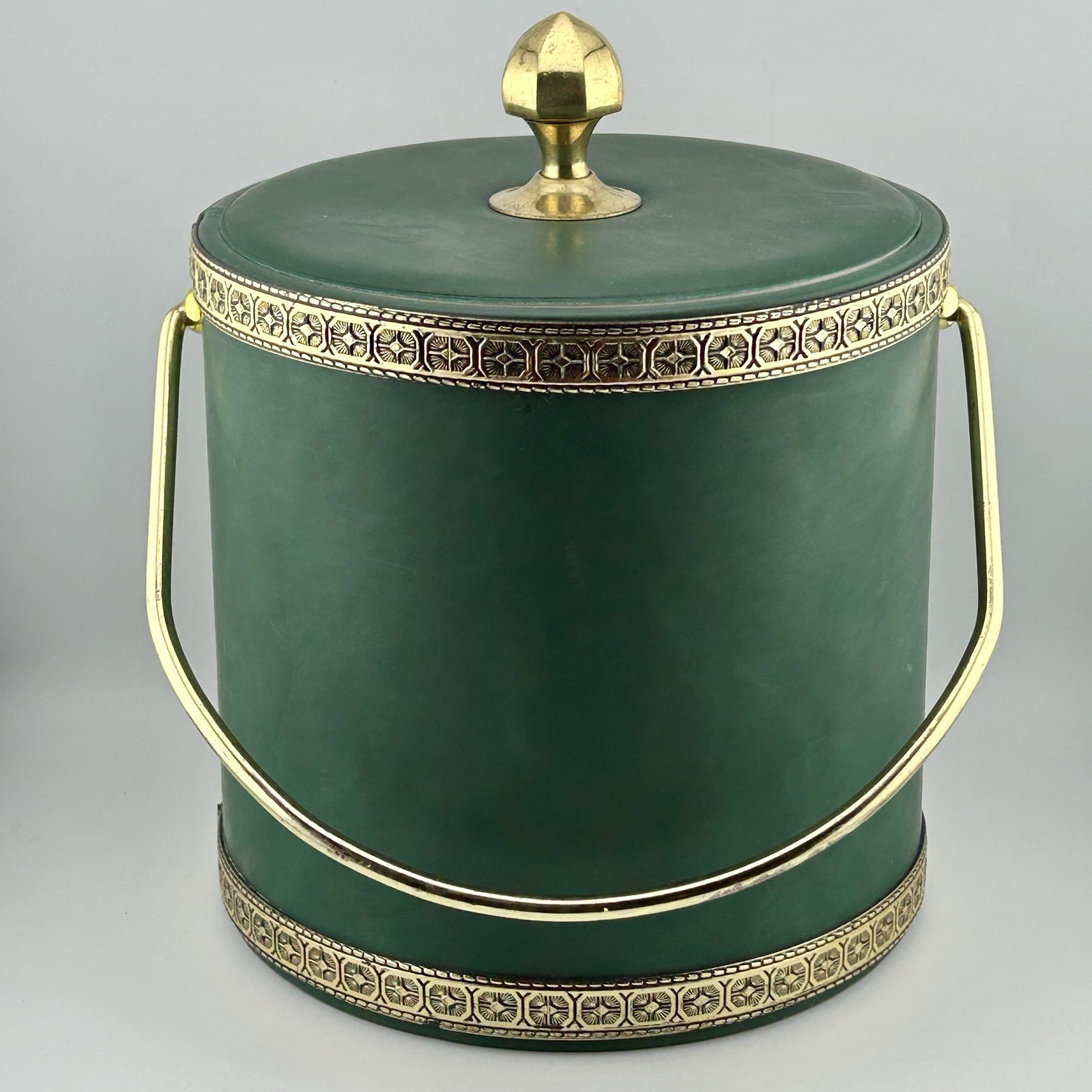 Vintage Kraftware Green Vinyl Ice Bucket w/ Brass Trim & Handle MCM Barware USA