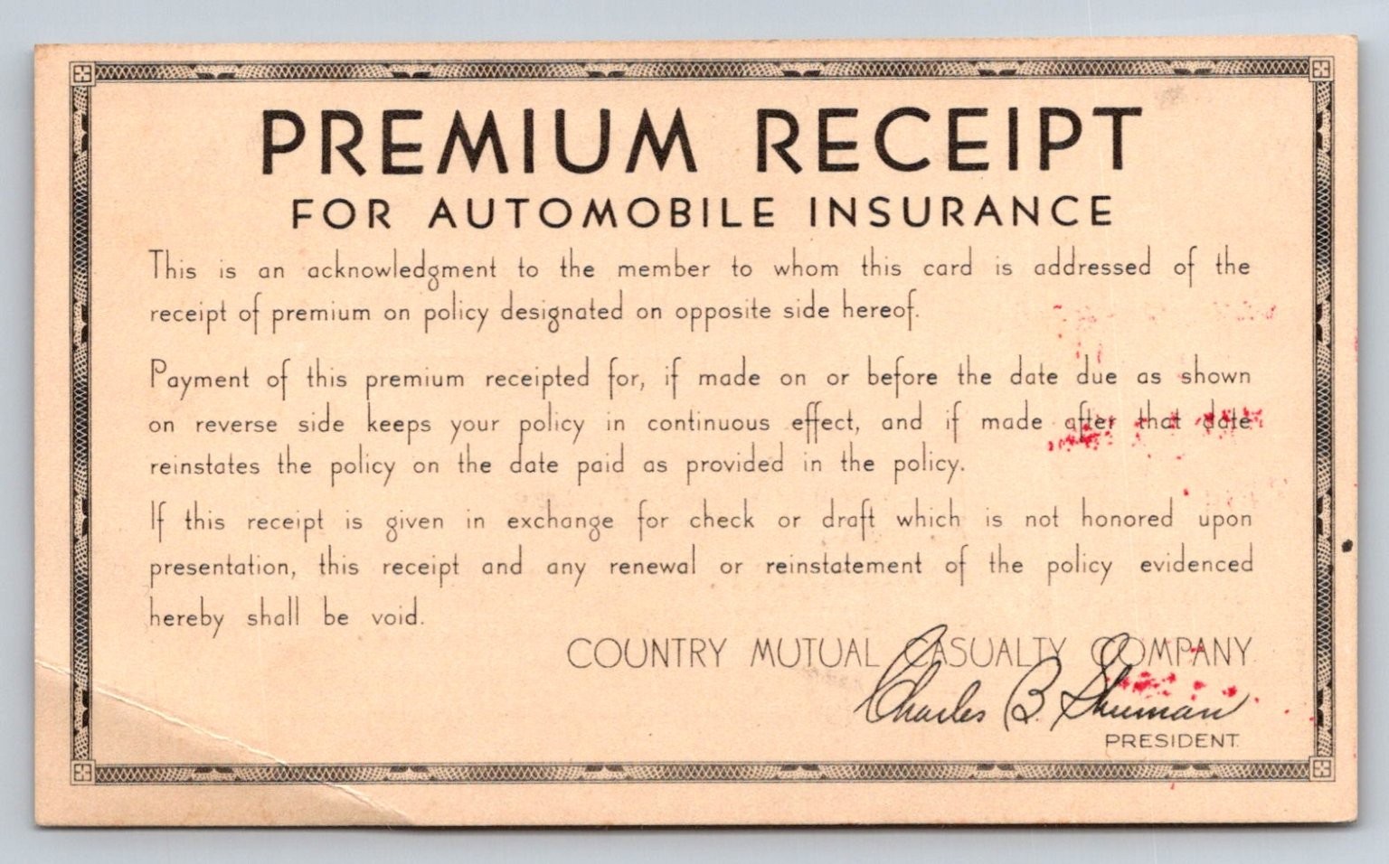 1947 Country Mutual Casualty Co Auto Insurance Premium Receipt Postcard