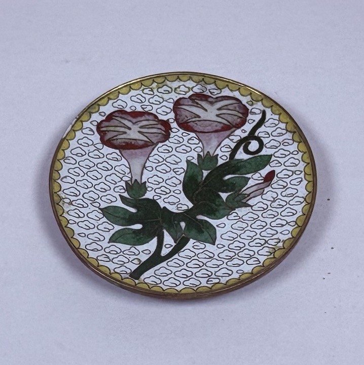 Antique 1940s Cloisonne Tray Trinket Dish Thick Brass Trumpet Flowers Art 20 Antique 1940s Cloisonne Tray Trinket Dish Thick Brass Trumpet Flowers Art 20