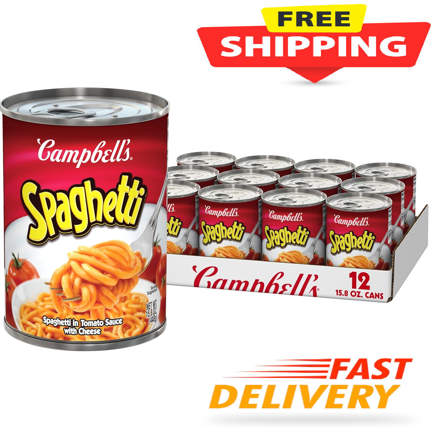 Campbell's Spaghetti in Tomato Sauce with Cheese, 15.8 oz Can (12 Pack)