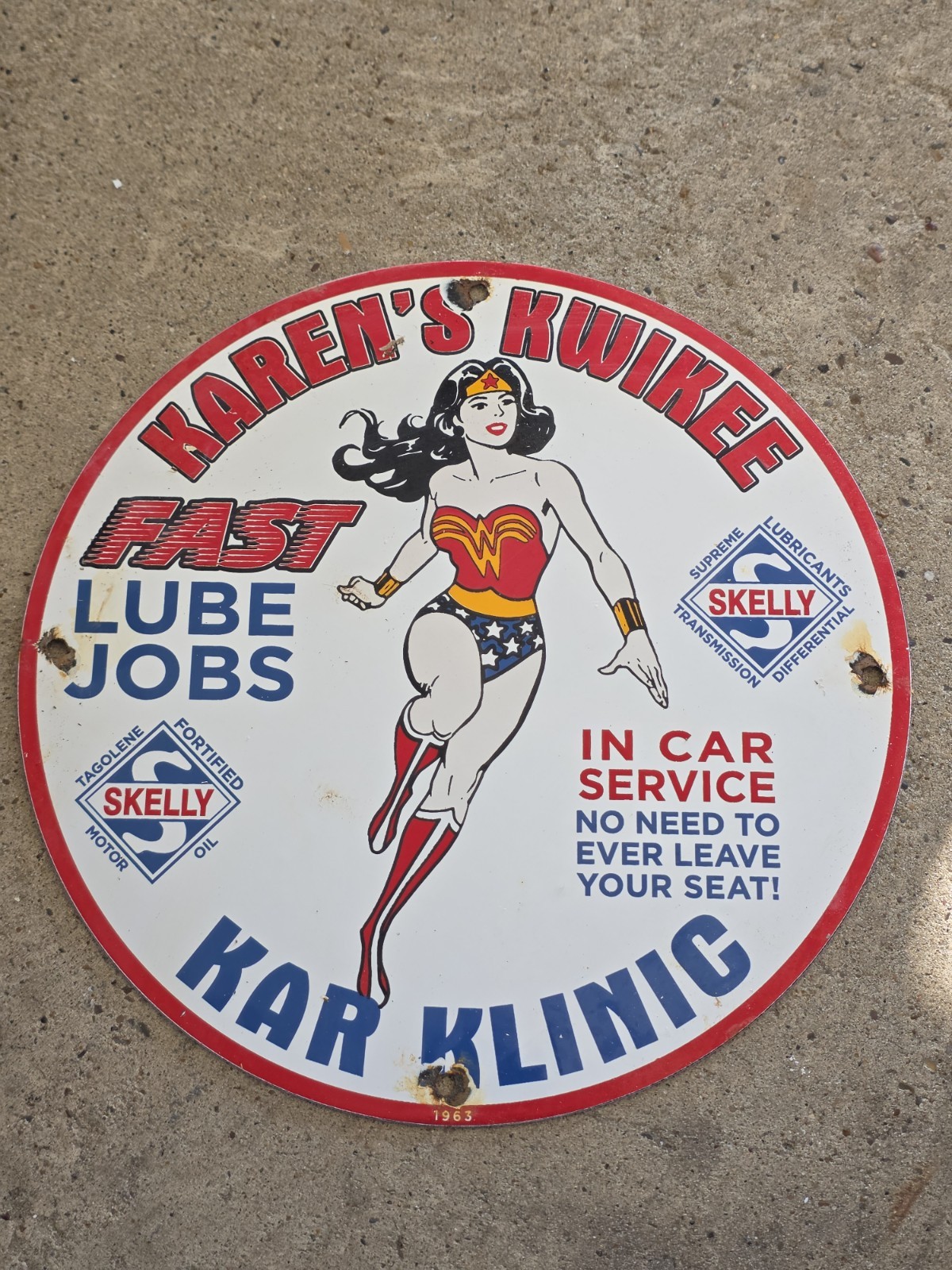 1963 Karen\'s Kwikee Kar Klinic Gas and Oil Porcelain Sign Skelly 12\