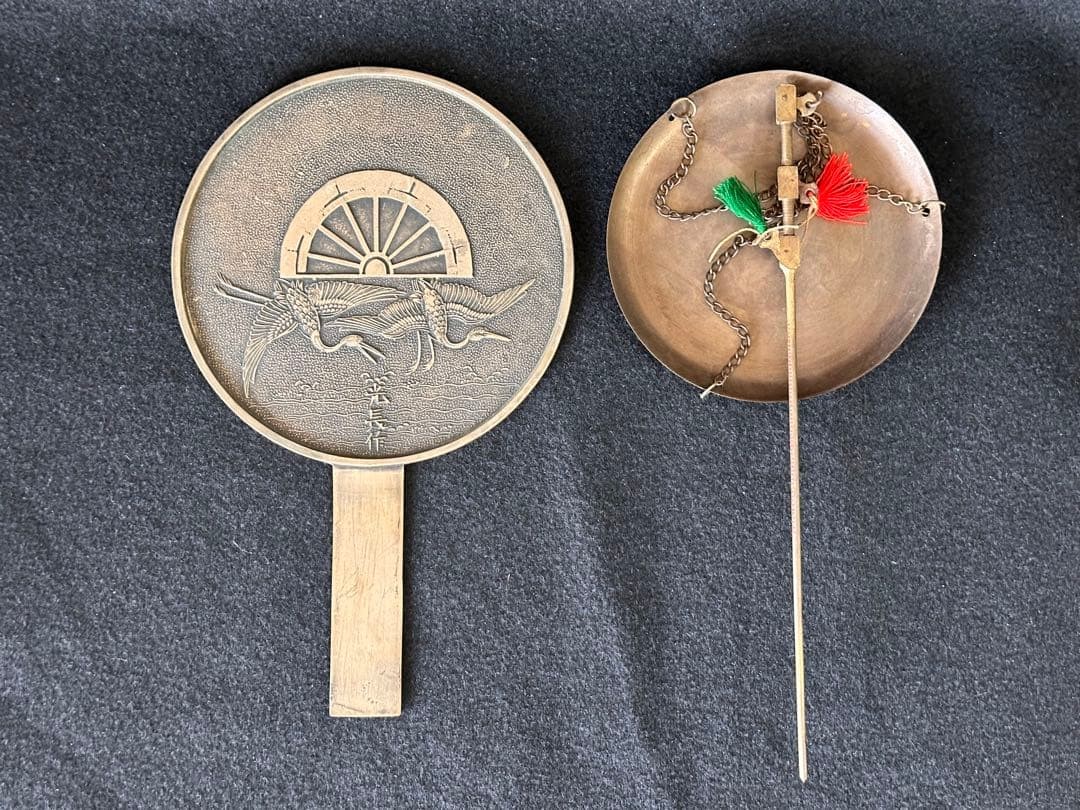 Japanese Antique Bronze Hand Mirror Twin Cranes Fujiwara Mitsunaga Signed