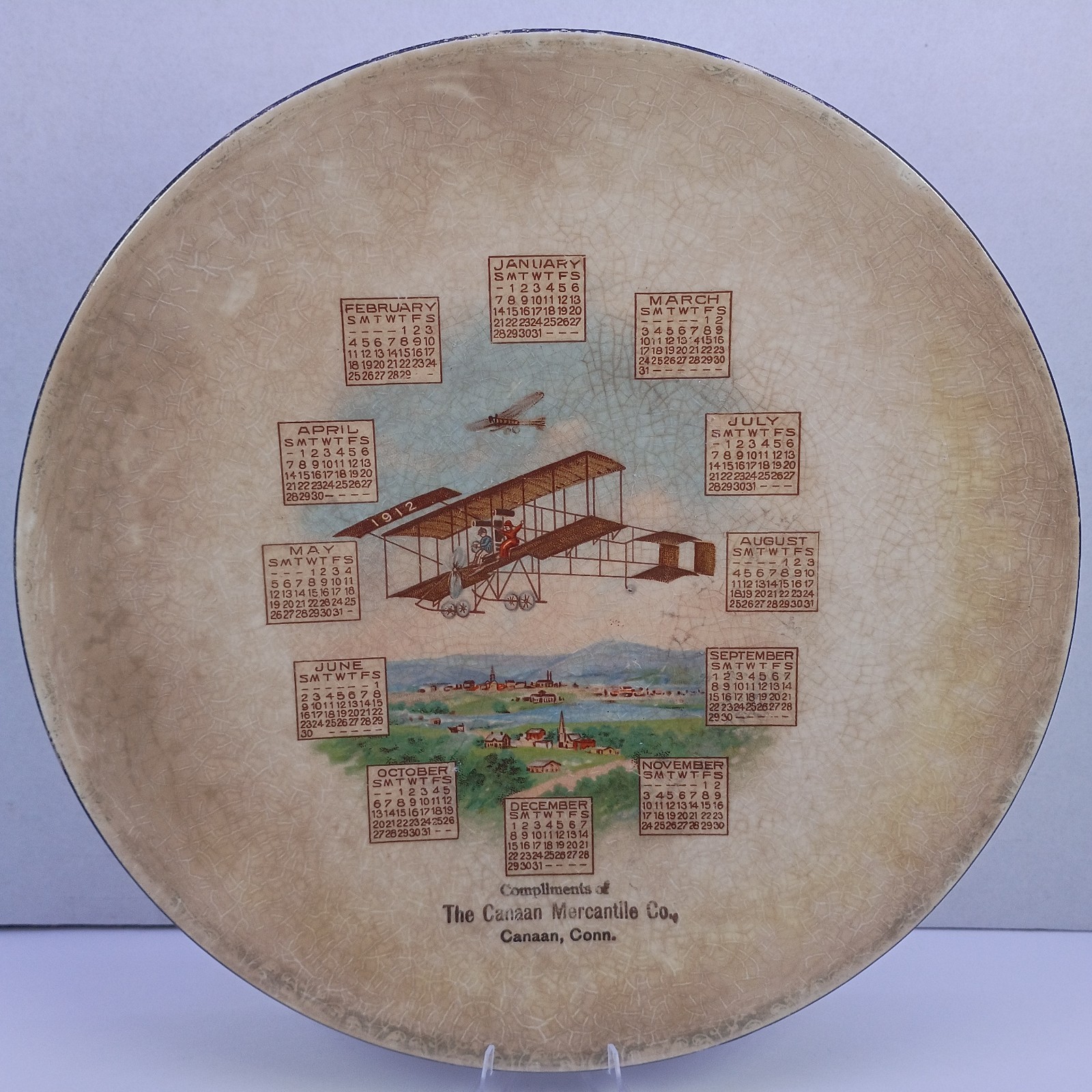 Antique 1913 Advertising Calendar Plate Airplane The Cannan Mercantile Co CT