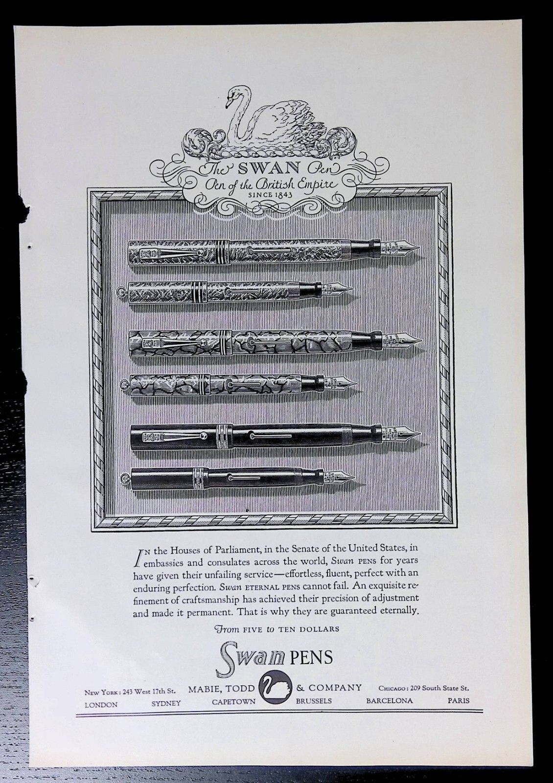 Print Ad 1923 Swan Eternal Pens British Empire