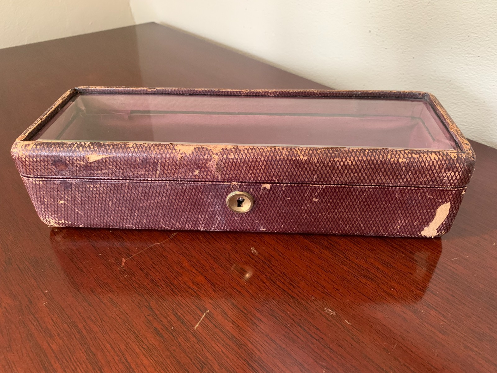Antique Victorian Leather Covered Glove Box Jewelry Casket Beveled Glass Lid