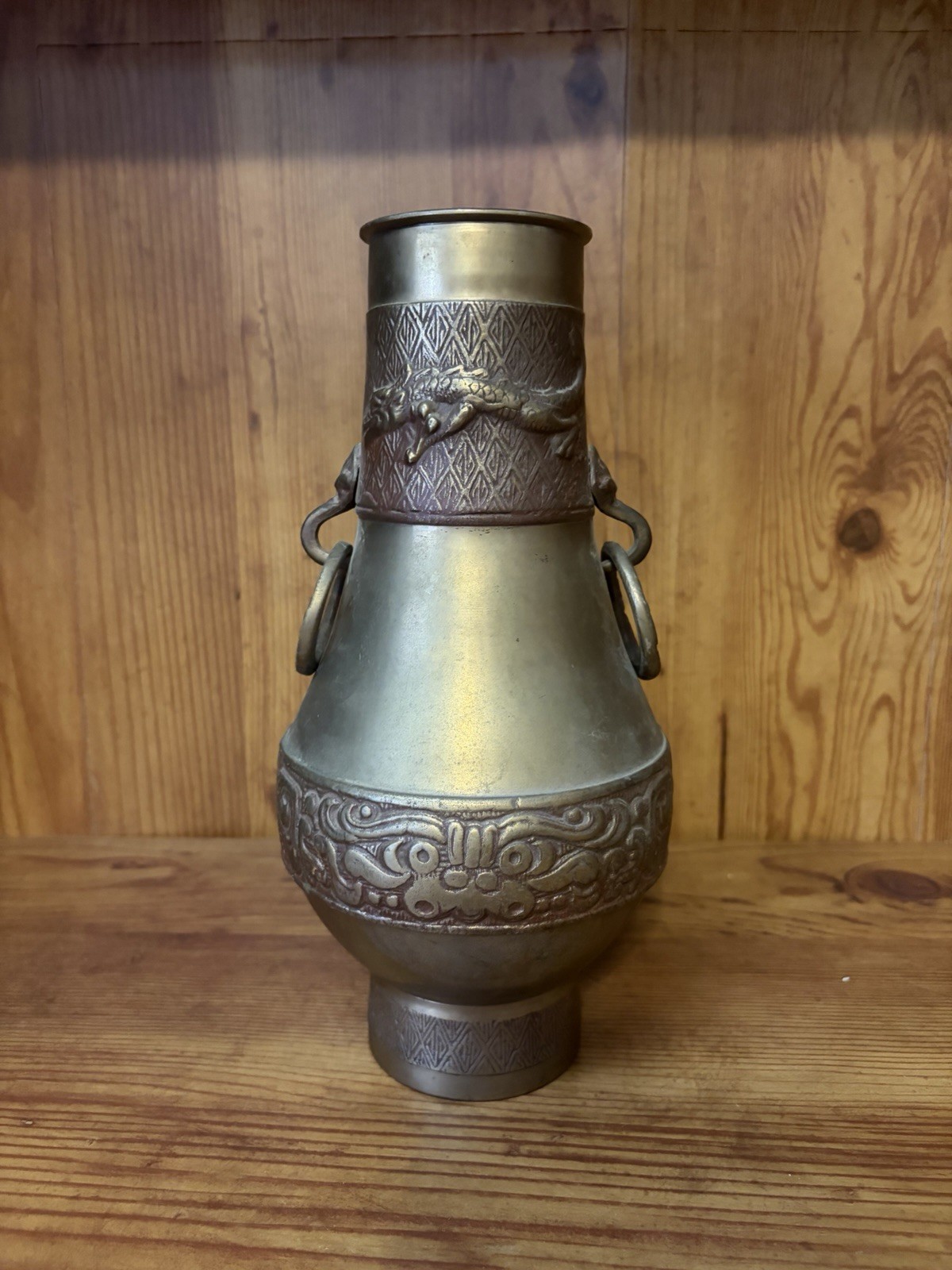 Korean Asian Brass Metal  VINTAGE Vase Heavy Ring Handles MADE IN KOREA 10.5”