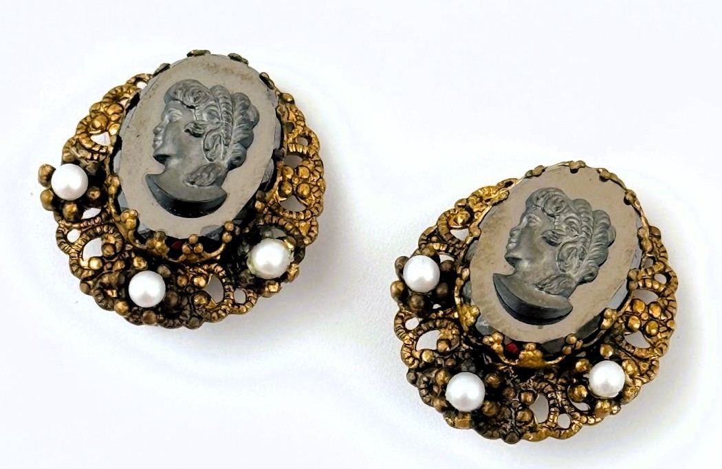 Germany Cameo Clip On Earrings Faux Pearl Filigree Gold Tone Vtg