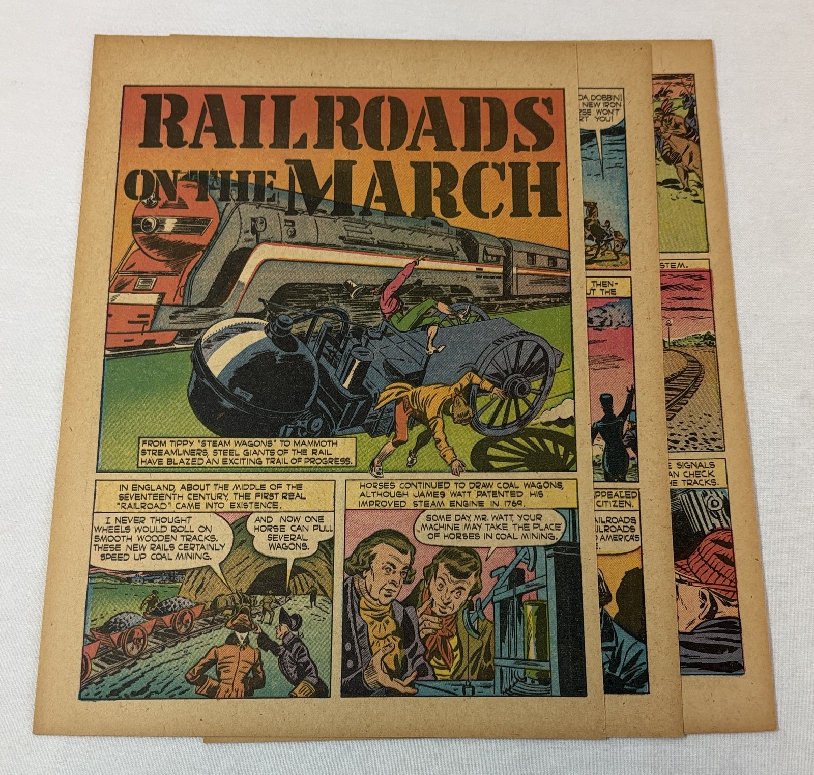 1944 five page cartoon story ~ RAILROADS ON THE MARCH ~ James Watt, others