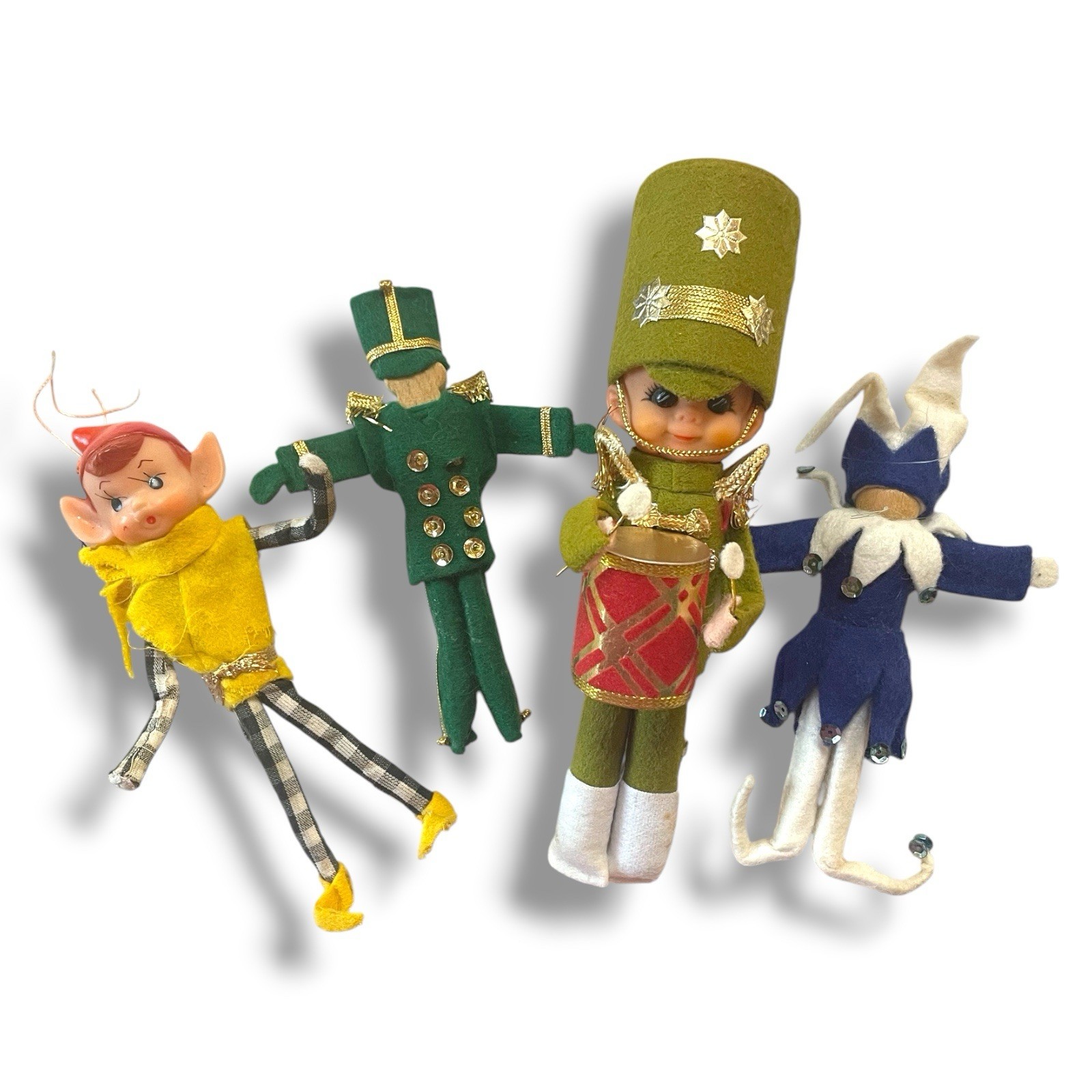 Lot Of 4 VTG 1970s Pixie Elf Ornaments Rubber Face Drummer Boy Jester Clothespin Lot Of 4 VTG 1970s Pixie Elf Ornaments Rubber Face Drummer Boy Jester Clothespin