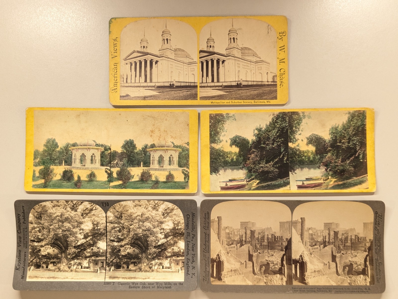 (5) Baltimore Maryland Stereoview Photo Druid Hill Park Cathedral Fire Damage
