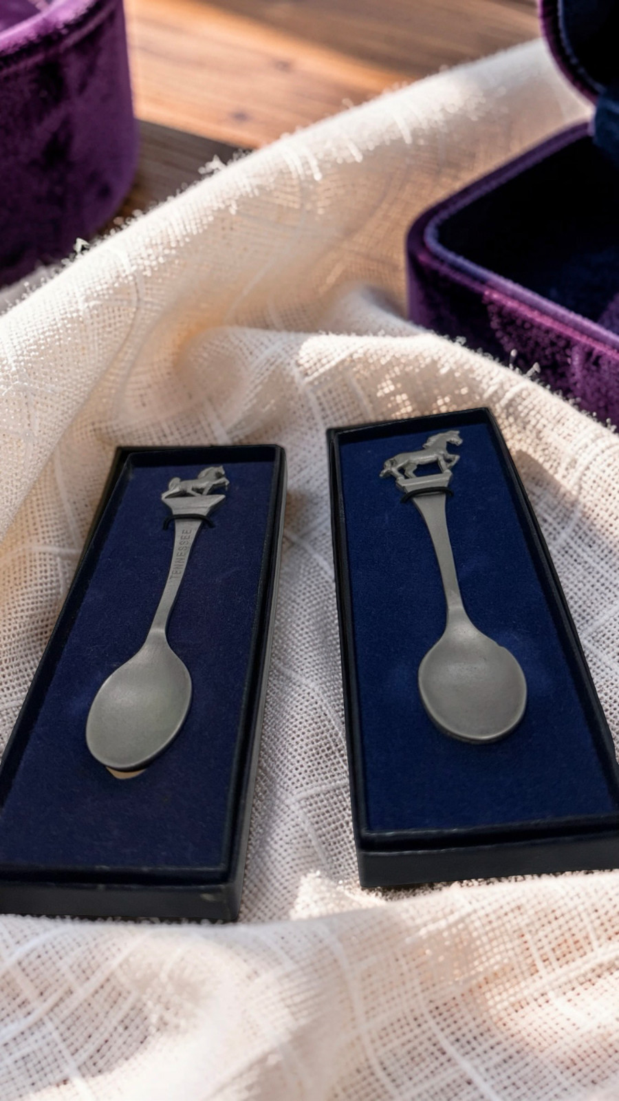 Vintage Rawcliffe Pewter Souvenir Spoons Equestrian Horse Figurine Lot of 2 Box