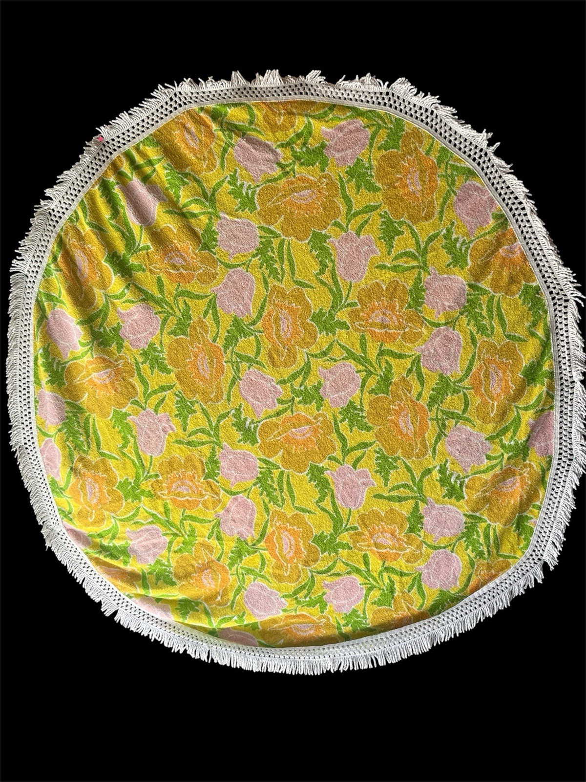 Vintage 1960s Round Yellows/Greens Floral Fringed Terry Cloth Table Cloth 62”