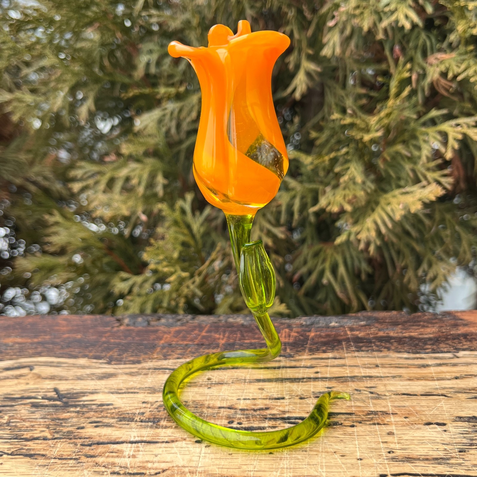 Orange Glass Rose Figurine on Stand Hand Blown Art Glass Flower Desk Decor Orange Glass Rose Figurine on Stand Hand Blown Art Glass Flower Desk Decor