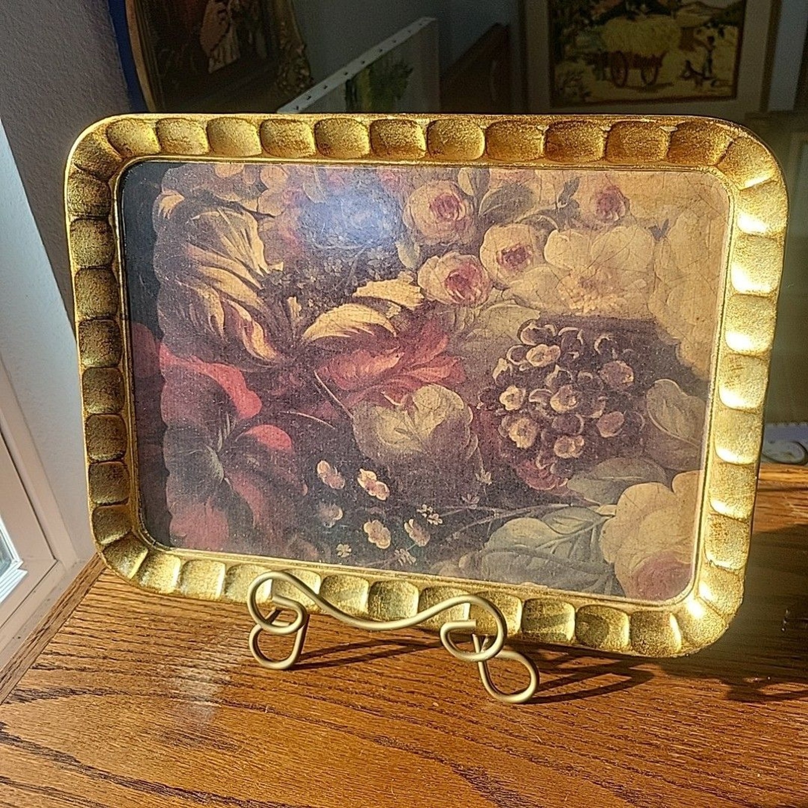 Vintage ITALY Franco Sezzatini Hand-Painted Wood Gilded Tray Tulips Inlay Floral