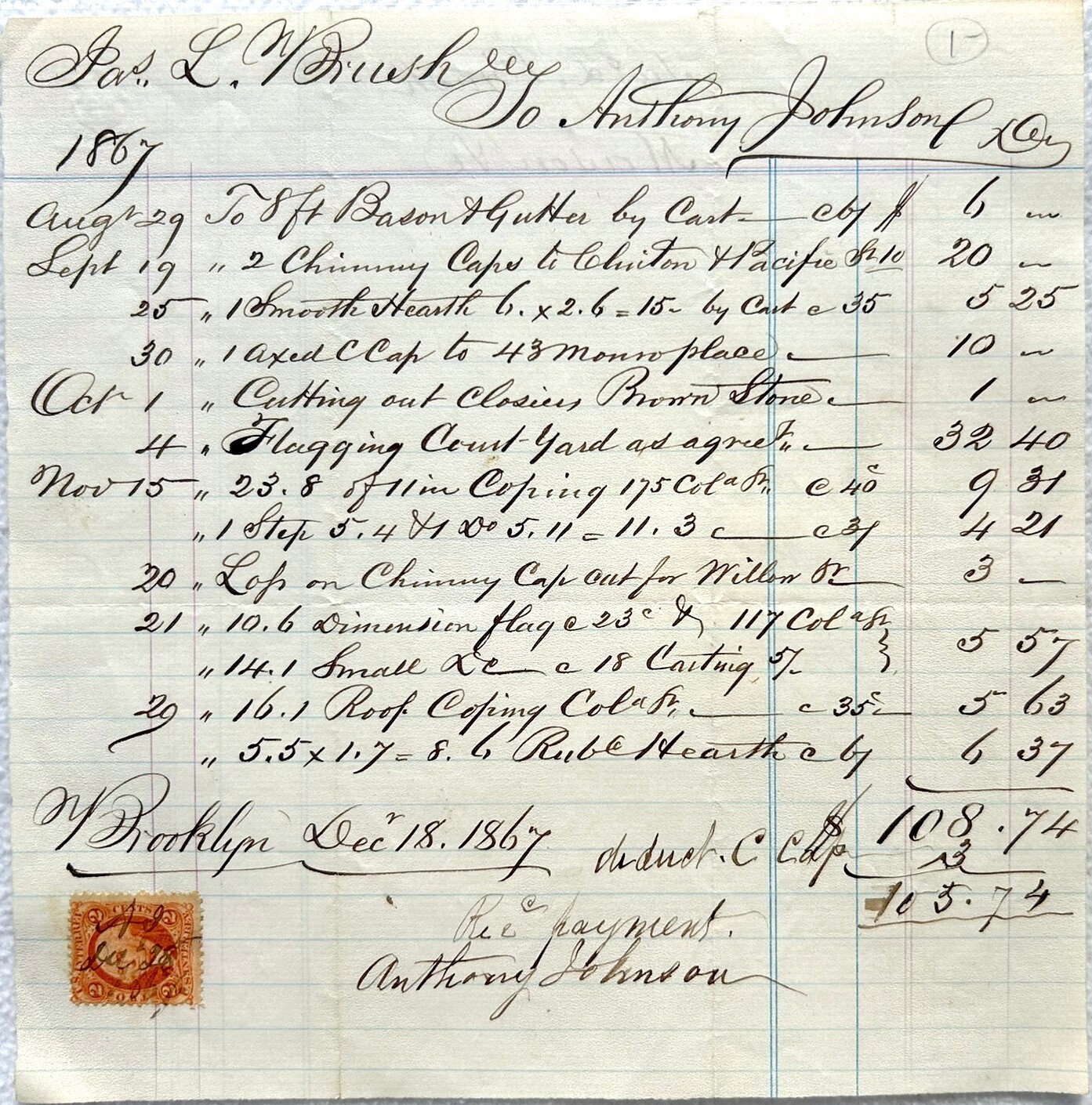 Antique 1867 Handwritten Receipt From Construction Work Done in Brooklyn, NY